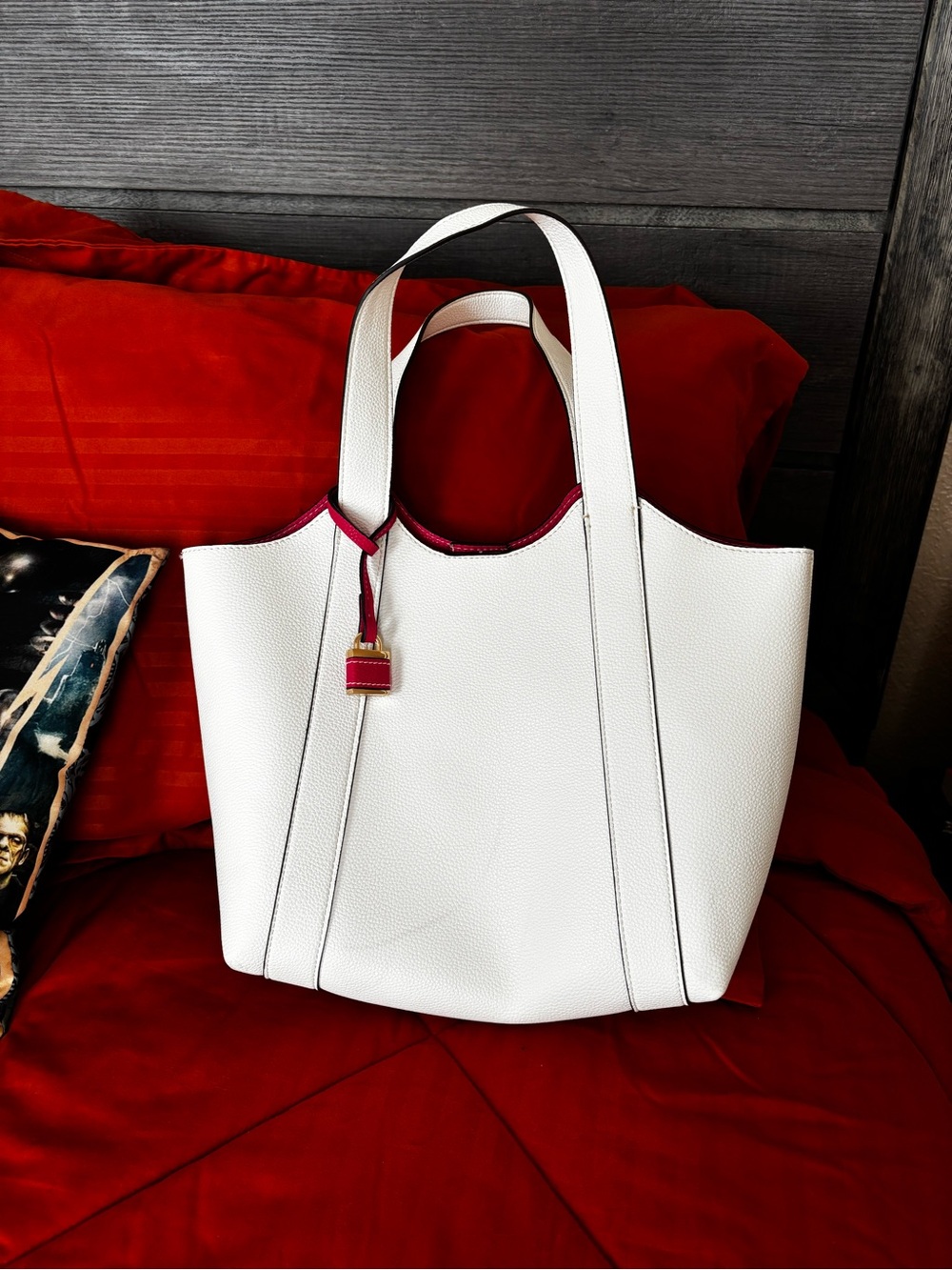 Aldo White Tote with Pink Trim and Charm